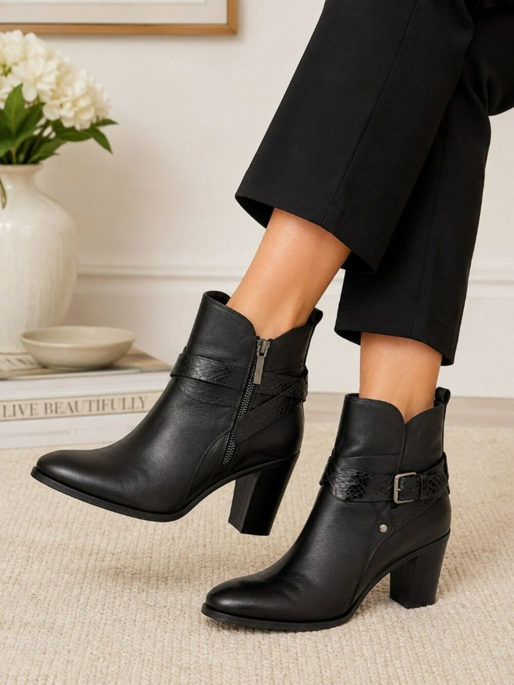 Donald J Pliner Leather Ankle Boots Side Zip Snakeskin Embossed Straps Womens 7M